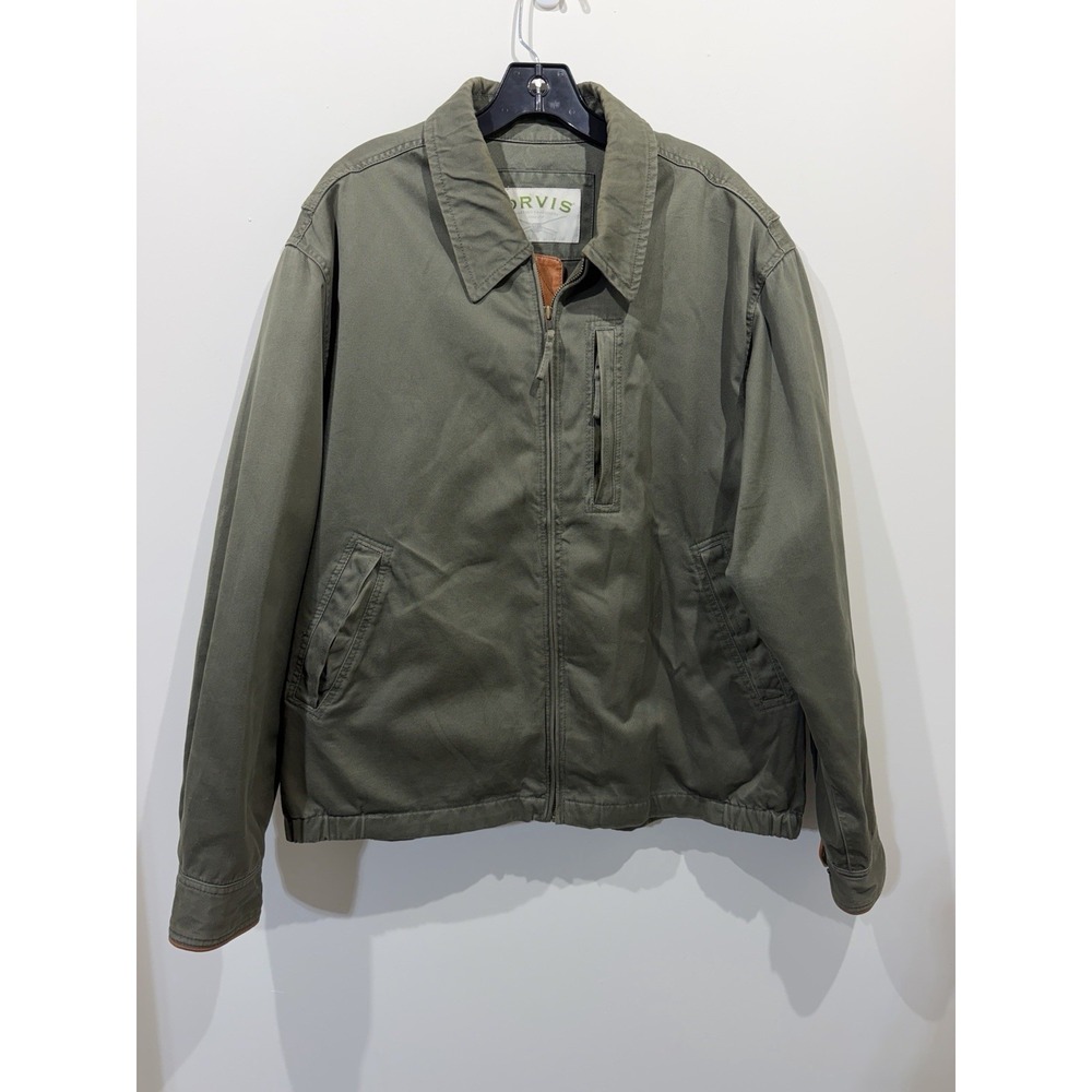 Vtg ORVIS Men's XL Jacket Leather Trim - Collar/Cuff Outdoor Work Canvas Green